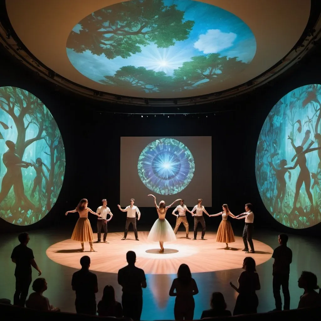 Prompt: musicians in a circle around the perimeter of a room while dancers dance in the middle with magical projections of art and nature projected onto the walls and ceiling