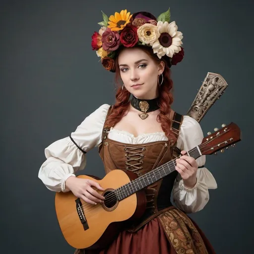 Prompt: A costume combining renaissance fashion with steampunk fashion for a woman with a flower crown and a guitar strapped to her back