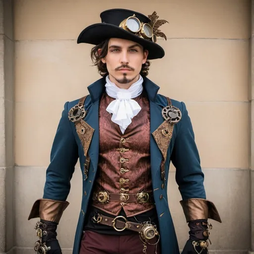 Prompt: A costume combining renaissance fashion with steampunk fashion for a man