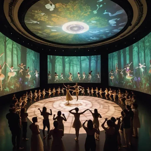 Prompt: musicians in a circle around the perimeter of a room while dancers dance in the middle with magical projections of art and nature projected onto the walls and ceiling