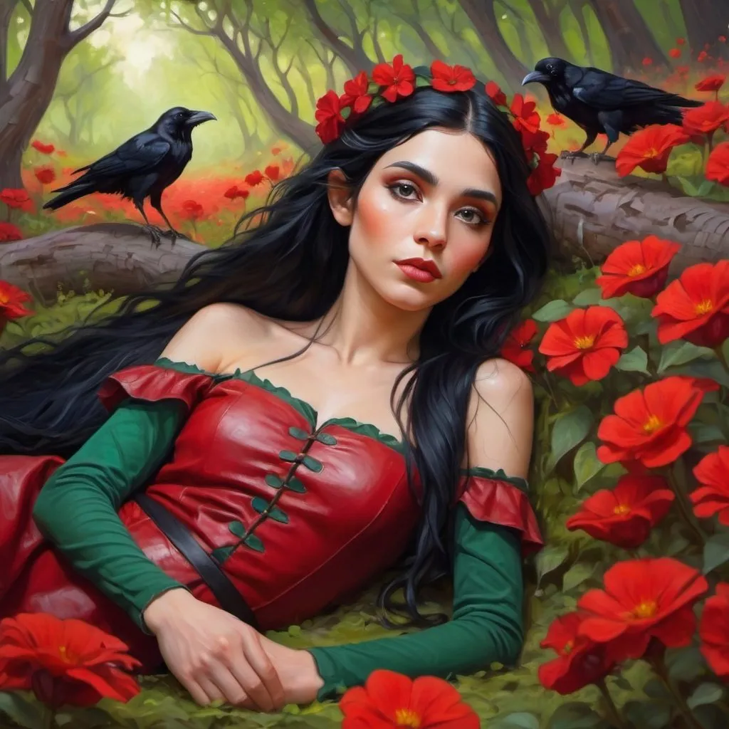 Prompt: beautiful raven haired elf laying in a grove of red flowers, oil style 