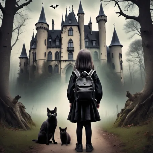 Prompt: Gothic book cover with witchcraft and a castle in the middle of the forest with old and new family portraits innocent child with a backpack with a bat and I camera in her hand
