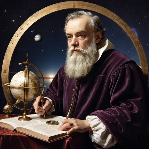 Prompt: Galileo Galilei with a boat , a planet and a compass