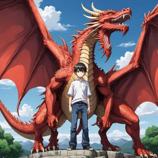 Prompt: anime dragon stand on a boy in 14 years old