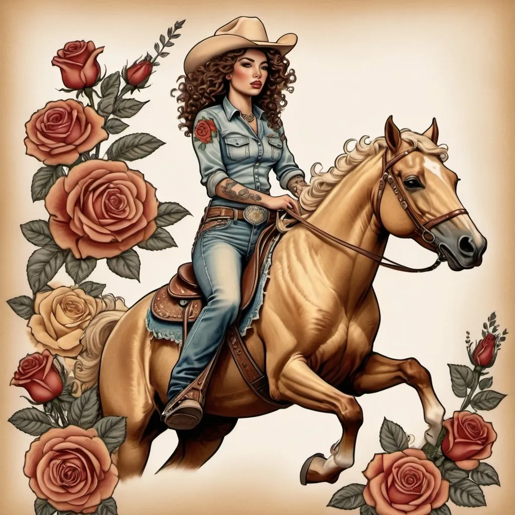 Prompt: Vintage tattoo art cowgirl with curly hair riding a golden palomino mustang in the west muted colors with roses 
