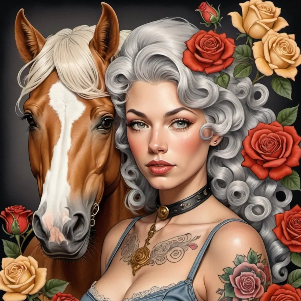 Prompt: vintage tattoo cowgirl with curly grey hair with golden palomino horse, head shot with roses 