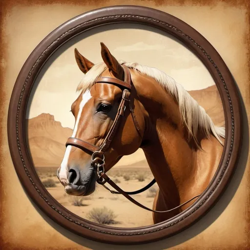 Prompt: Vintage western scene with a palomino horse head in round frame,  warm earthy tones, strong sunlight casting long shadows, detailed leather saddle and bridle, high quality, retro, vintage, palomino horse, Logo, dusty desert, warm earthy tones, sunlight,, aged appearance, rugged, realistic lighting