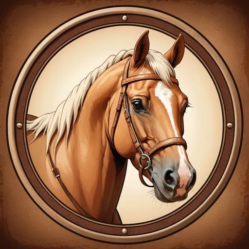 Prompt: Palomino horse head in round frame, detailed leather bridle, dusty desert, strong sunlight, warm earthy tones, high quality, retro, vintage, Logo, cartoon aged appearance, rugged, , detailed details