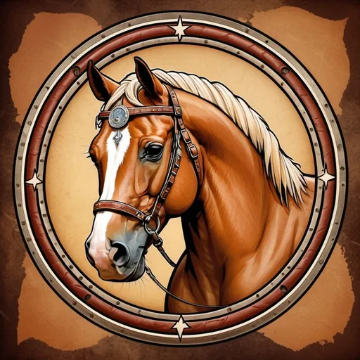Prompt: Palomino and Bald face Red Pinto  horse head in round frame, detailed leather bridle, dusty desert, strong sunlight, warm earthy tones, high quality, retro, vintage, Logo, cartoon tattoo art aged appearance, rugged, , detailed details