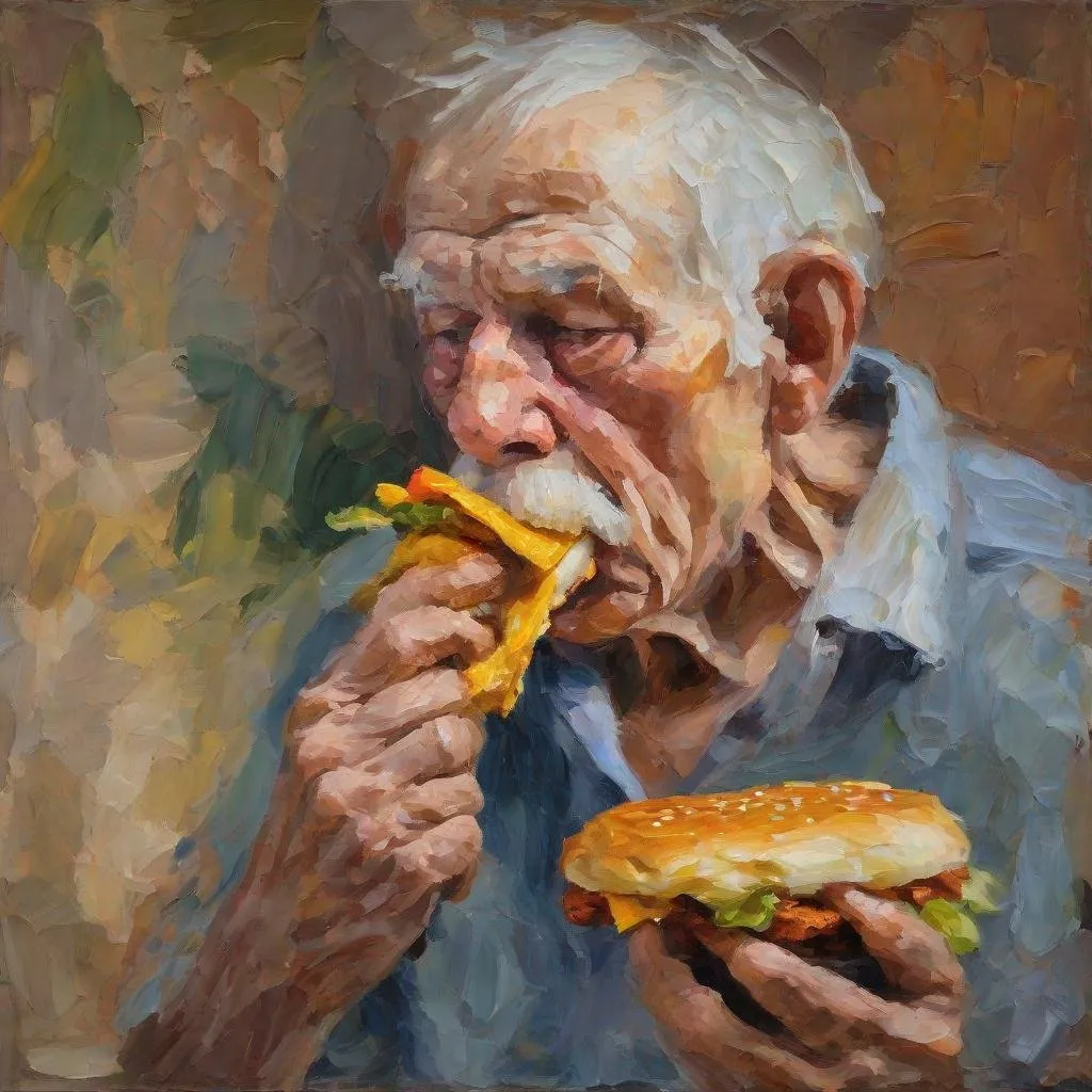 Prompt: Portrait of an old man eating a cheeseburger, very thick Impasto, impressionism