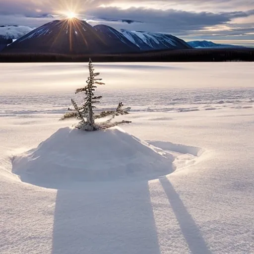 Prompt: Sunrise, Alaska, Ice Mountain, snowing, Sun Shining Through Clouds, New York School, Impressionist,