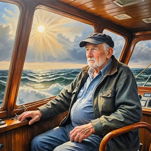 Prompt: Old Man at The Controls of a Pilot House Fishing Boat, Waves, Sun Breaking Through the Clouds, Dutch Masters, Deeply Impressionist, Acrylics, & Oils