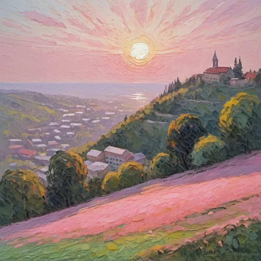 Prompt: university on a hillside, sunrise, pinkish   Impasto, Impressionist
  