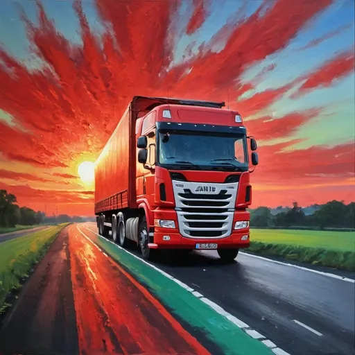 Prompt: Red & Green Lorry, oils Sunrise, blue sky, black asphalt road Impressionist