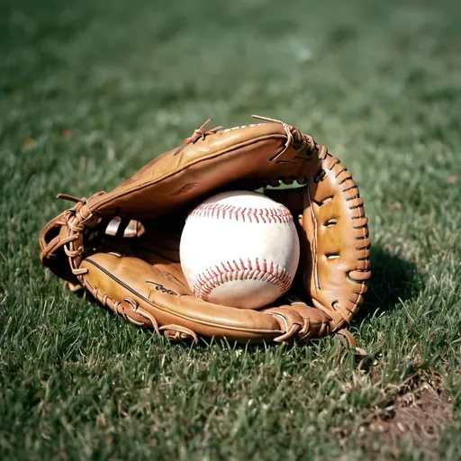Prompt: Baseball and baseball glove laying on grass Norman Rochwell