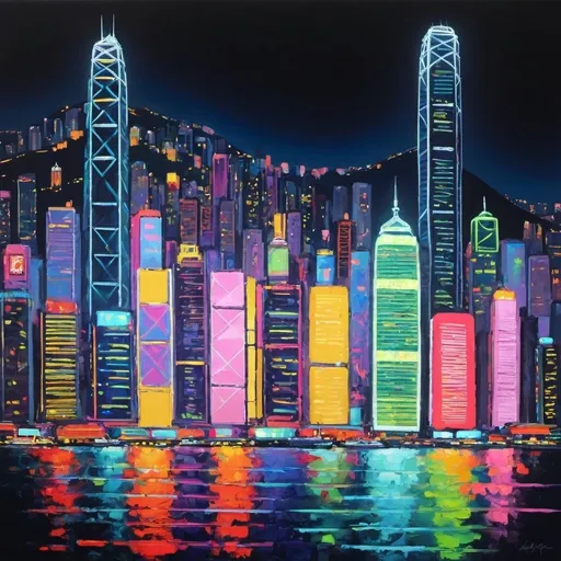 Prompt: Hong Kong at Night, Neon, Abstract, Impressionist, Acrylic.