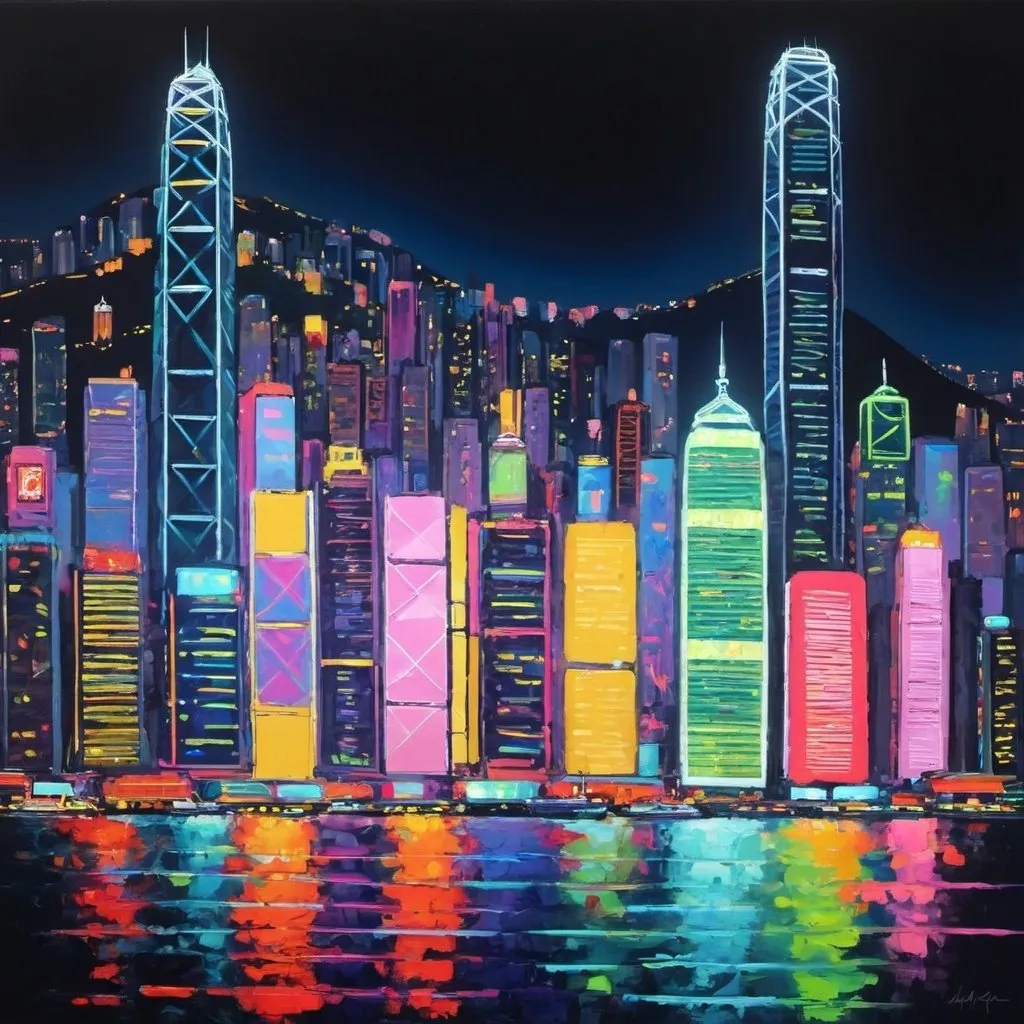 Prompt: Hong Kong at Night, Neon, Abstract, Impressionist, Acrylic.