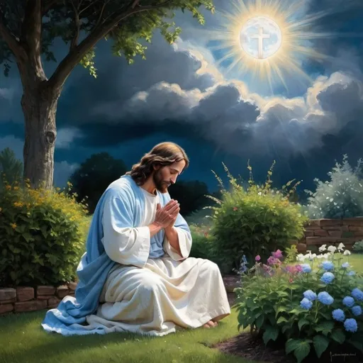 Prompt: JESUS Praying While Neeling In the Garden, Blue Moon Shining through clouds, Imasto, Impressionisim, 