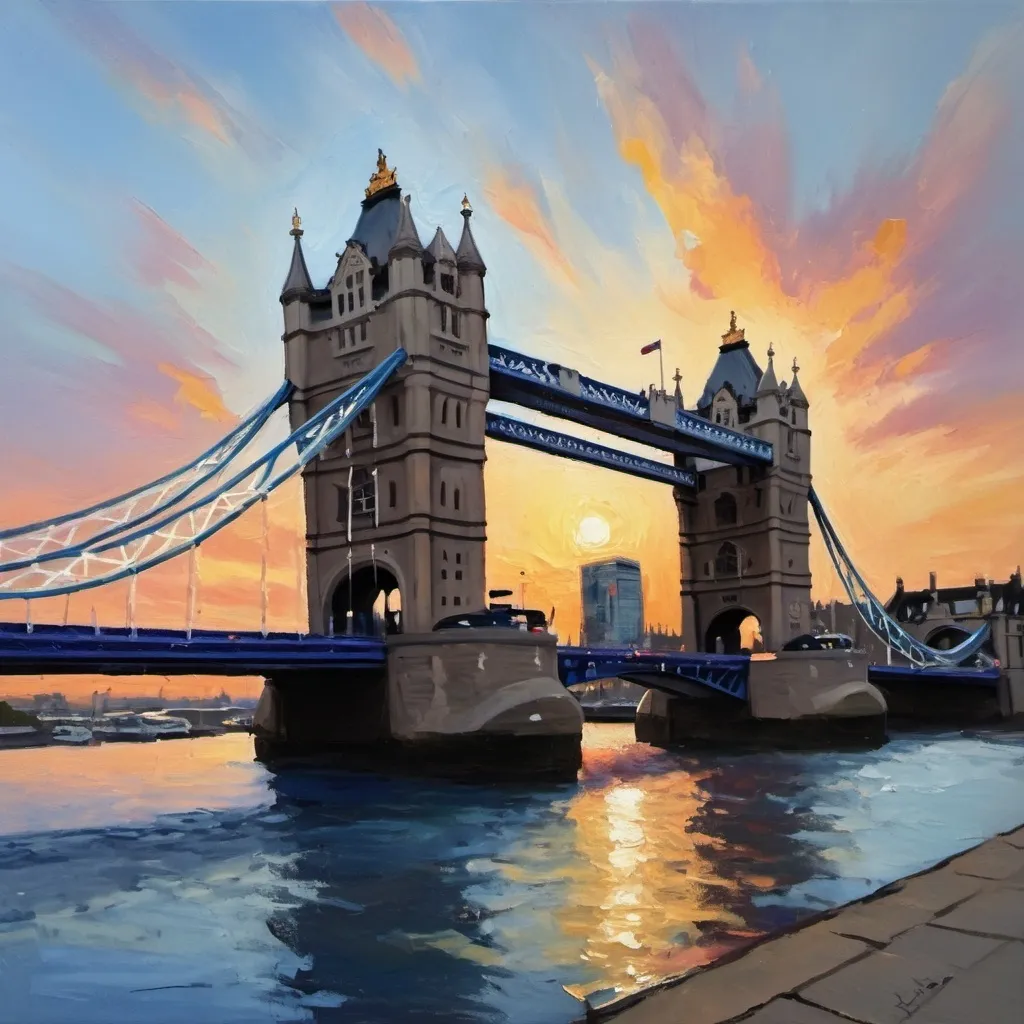 Prompt: London bridge, impressionist, Sunset, Oils, blue sky, 