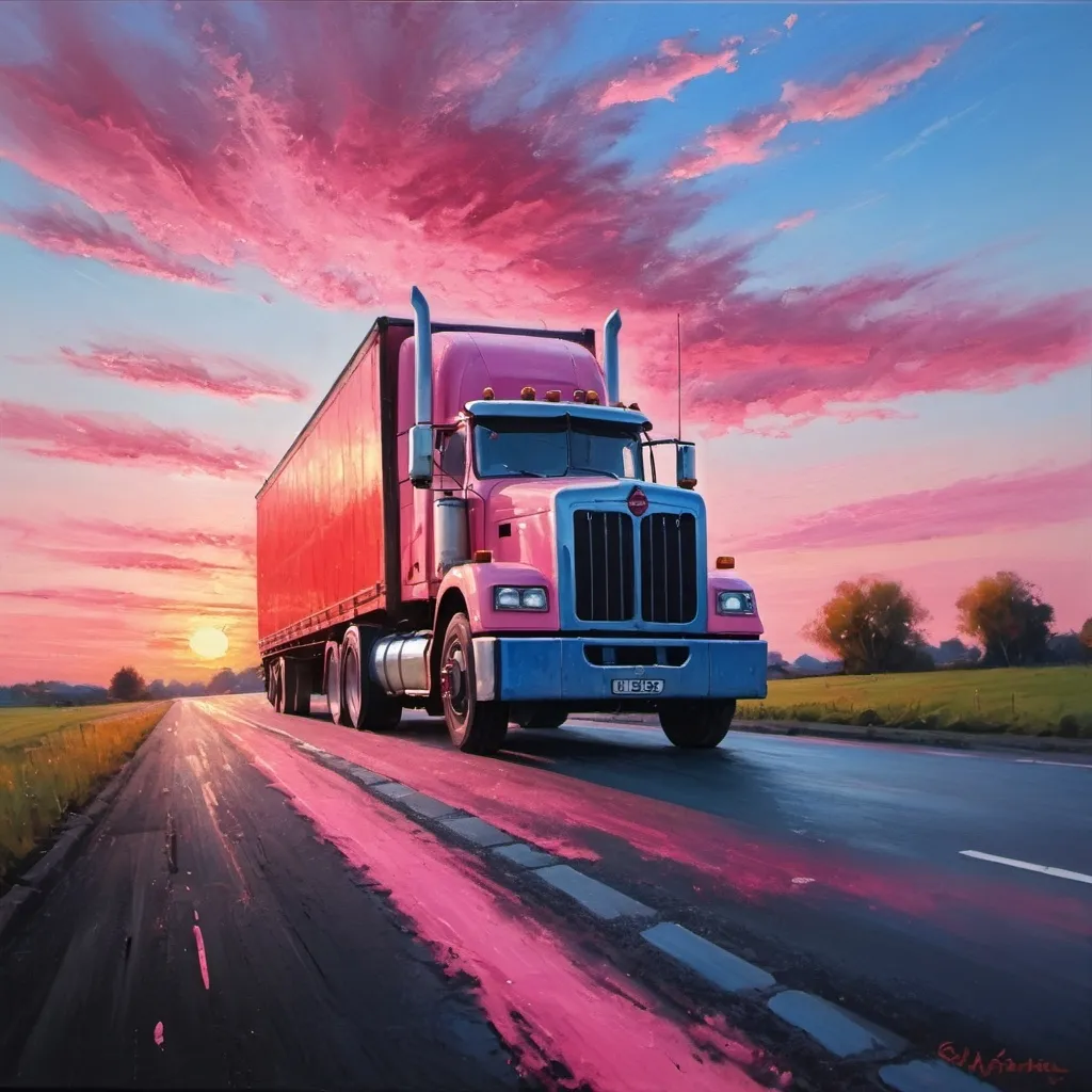 Prompt: Red Tractor Trailer Lorry, oils Sunrise pink & blue sky, black asphalt road Impressionist

