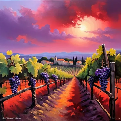 Prompt: ROMAN Vineyard, Ripe Purple Grapes on the Vine, Sinrise, Red Sky, Dutch  Masters, Acrylics Over Oils, Strongly Astract, & Impressionistic