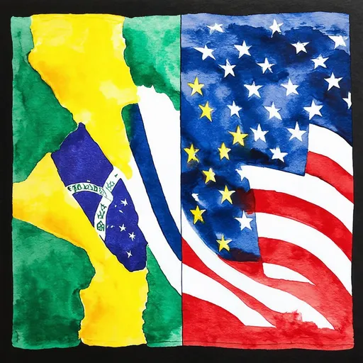 Prompt: criar uma uniao entre a bandeira dos eua e a do brasil  e uniao das bandeiras meio fluido imagem tipo aquarela moderna