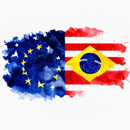 Prompt: criar uma uniao entre a bandeira dos eua e a do brasil  e uniao das bandeiras meio fluido imagem tipo aquarela moderna