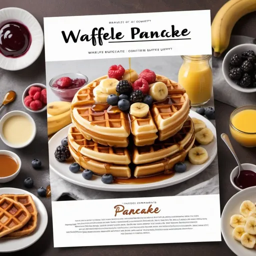 Prompt: Create a poster with a educational text box for a Waffle and Pancake section of a breakfast buffet, featuring an image of waffles, pancake, French toast, berry compote, caramel banana, butter and condiments.