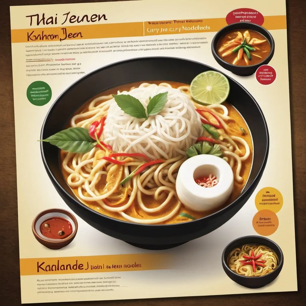 Prompt: Create an educational poster about Thai "Khanom Jeen" featuring the traditional noodles, curry and condiments used.