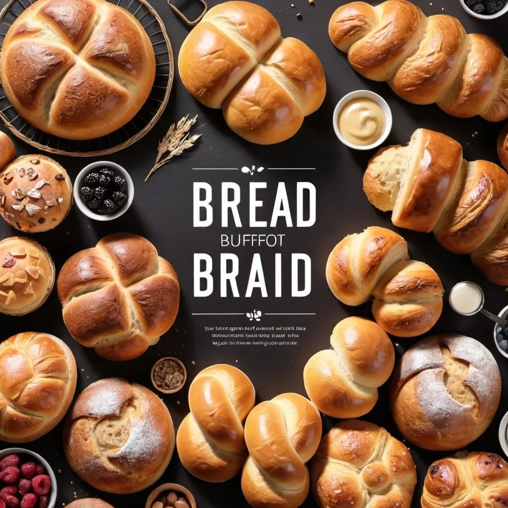 Prompt: Create a poster with educational text for a bread section of a breakfast buffet, featuring an image of bread rolls, traditional bread loafs, croissants, Danish', bread pudding and muffins