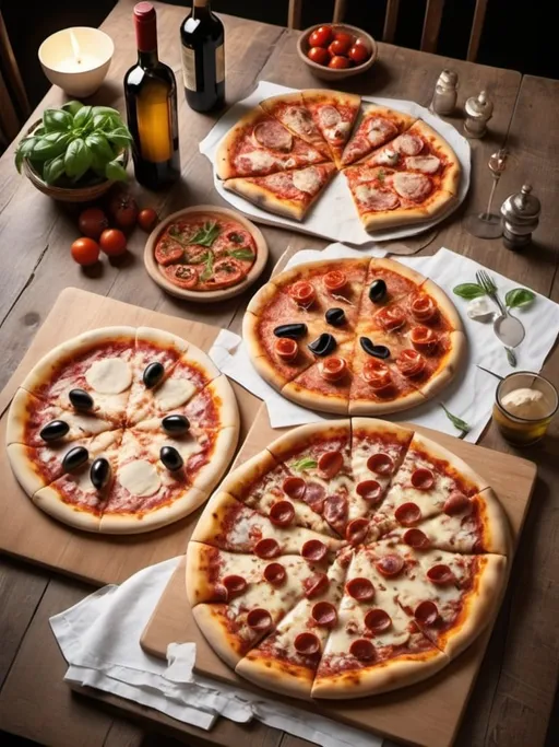 Prompt: Use the attached picture as base, display all pizza as given in the sample. Enhance each pizza to Napoletan style. Add details around the table surface highlighting Italian heritage. Output the image in natural looks, and in vertical format.