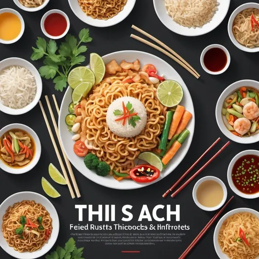 Prompt: Create a poster with educational text for a Thai food section of a breakfast buffet, featuring an image of fried noodles, rice, stirfried vegetables and condiments