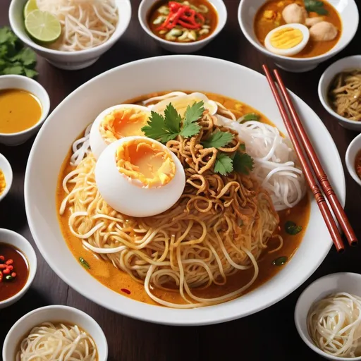 Prompt: Create an educational poster about classic Thai "Khanom Jeen" featuring the traditional noodles, curry and condiments used. Focus on traditional presentation, with vermicelli noodles being topped up with liquid curry and garnished with condiments like boiled egg and herbs. Do not display other noodles.