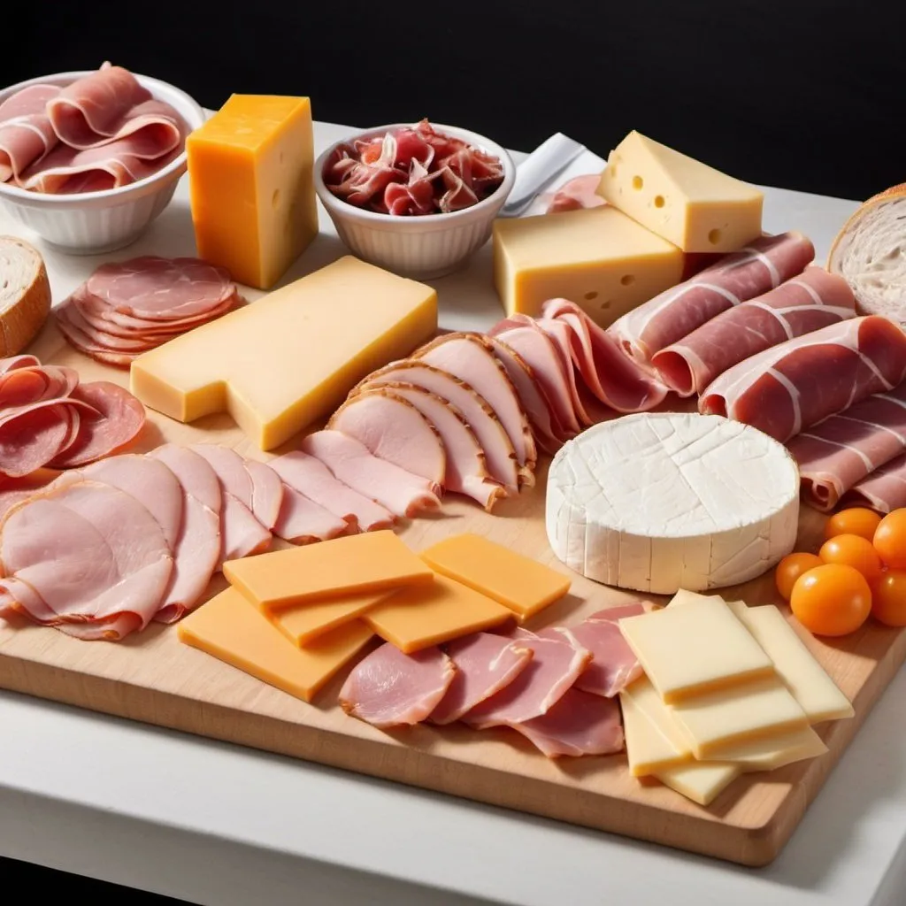 Prompt: Create an educational poster for a cold cut and cheese section of a breakfast buffet, featuring Brie Cheese, Cheddar, Cooked Ham, Salami, sliced smoked chicken and sliced smoked Tuna loin.