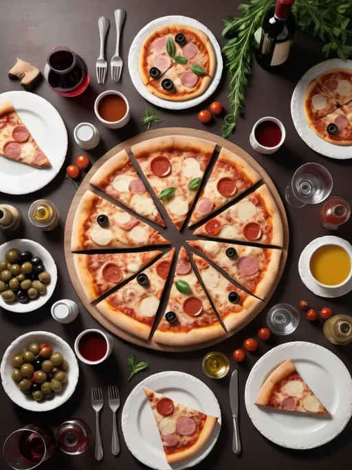Prompt: Create an image of a traditionally set Italian dining table, featuring an array of different pizza. Each pizza is Neapolitan style, with natural wood fire oven baked crust appearance.
Several condiments such as Parmesan cheese, fresh herbs, olives and wine are placed on the table.
Dominant background color is Pantone 12-0313 with matching tones.
