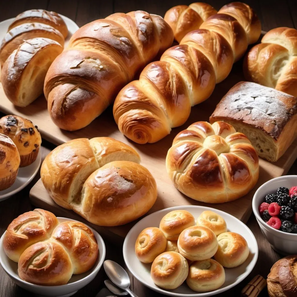 Prompt: Create a poster with educational text for a bread section of a breakfast buffet, featuring an image of bread rolls, loafs, croissants, Danish', bread pudding and muffins