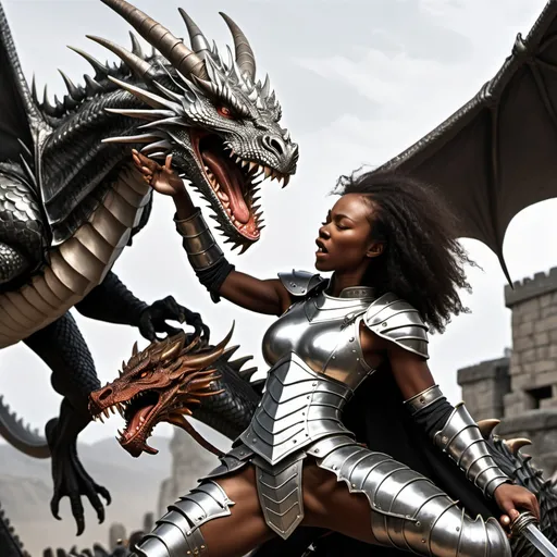 Prompt: a strong black woman wearing silver half plate armor thrusting a bastard sword into a dragon's neck