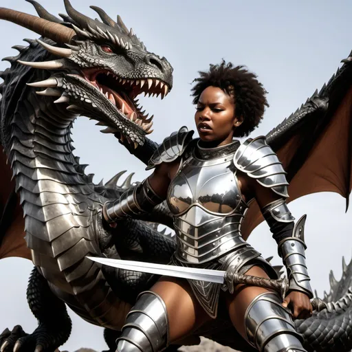 Prompt: a strong black woman wearing silver half plate armor thrusting a bastard sword into a dragon's neck