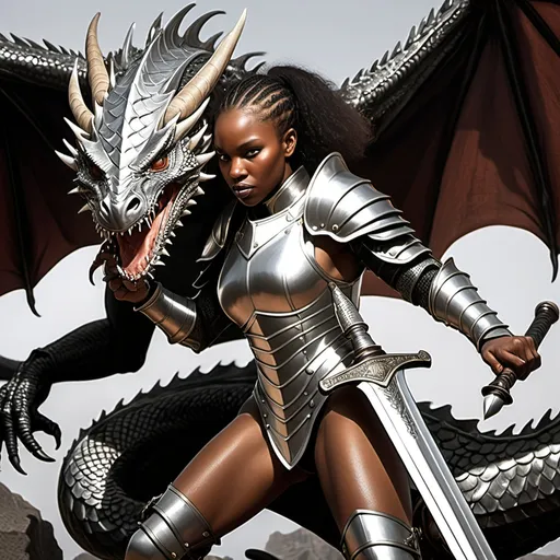 Prompt: a strong black woman wearing silver half plate armor thrusting a bastard sword into a dragon's neck