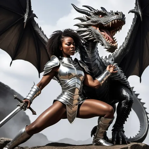 Prompt: a strong black woman wearing silver half plate armor thrusting a bastard sword into a dragon's neck