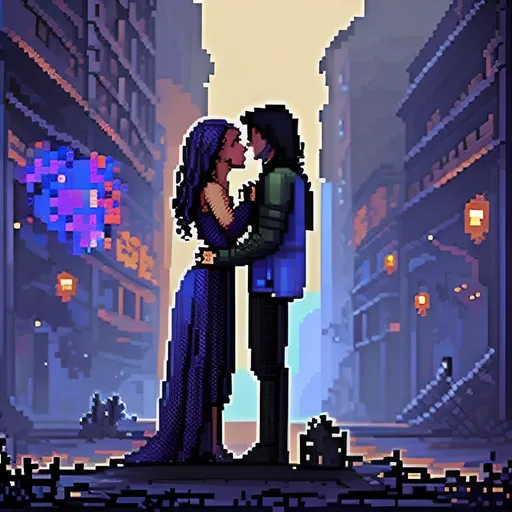 Prompt: pixel art, Romantic, brunette man and blonde woman, kissing, in love, dark colours, dark clothing, holding each other, pixel art, microsoft pixel, digital painting, pixelated, art by Brooke Shaden, concept art, Octane render, 8k, trending on artstation, city ruins, dystopian, ruins, darkness