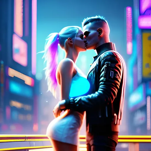 Prompt: Blonde girl, brunette man, kissing, in love, futuristic city, cyberpunk 2077, neon lights, holding each other, digital painting, Octane render, 8k, cyber, pixelated, trending on artstation, dystopian world, city ruins, cyberpunk, concept art, futuristic, highres, affectionate kiss, love, emotional embrace, cyber-digital, pixel art, neon-lit cityscape, futuristic skyscrapers, trendy art, destroyed cityscape, dark and moody, atmospheric lighting