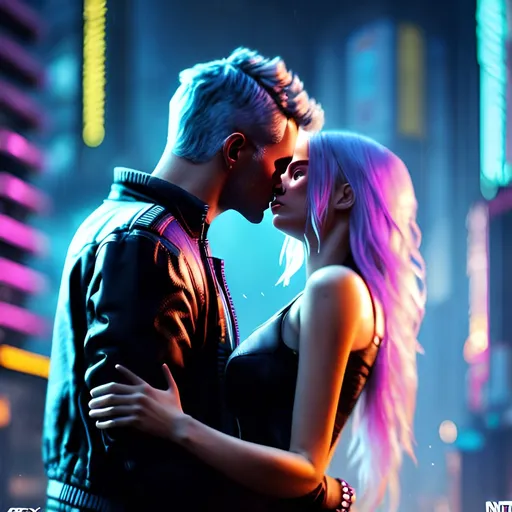 Prompt: Blonde girl, brunette man, kissing, in love, futuristic city, cyberpunk 2077, neon lights, holding each other, digital painting, Octane render, 8k, cyber, pixelated, trending on artstation, dystopian world, city ruins, cyberpunk, concept art, futuristic, highres, affectionate kiss, love, emotional embrace, cyber-digital, pixel art, neon-lit cityscape, futuristic skyscrapers, trendy art, destroyed cityscape, dark and moody, atmospheric lighting