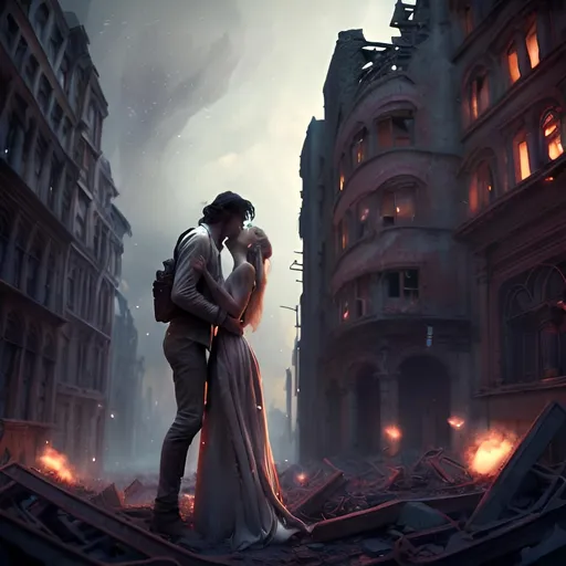 Prompt: Romantic brunette man and light blonde woman, kissing, in love, holding eachother, destroyed world behind them, extremely detailed, digital painting, smooth, sharp focus, intimidating lighting, art by Brooke Shaden, concept art, Octane render, 8k, trending on artstation, city ruins, dystopian, ruins