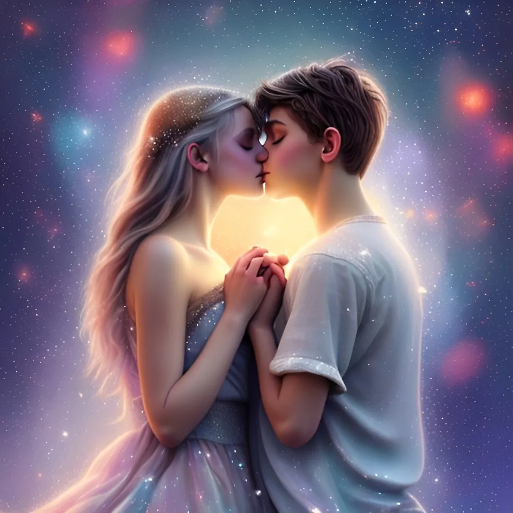 Prompt: Romantic digital painting of a brunette boy and blonde girl, kissing under the twinkling galaxy, magical stars, high-quality, ethereal, dreamy, cosmic art, fantasy, celestial color palette, soft and enchanting lighting, detailed hair, tender moment, galaxy kiss, professional, romantic atmosphere, high quality, 8k