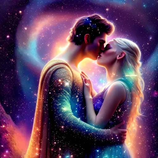 Prompt: Romantic digital painting of a brunette man and blonde woman, kissing under the twinkling galaxy, magical stars, high-quality, ethereal, dreamy, cosmic art, fantasy, celestial color palette, soft and enchanting lighting, detailed hair, tender moment, galaxy kiss, professional, romantic atmosphere, high quality, 8k