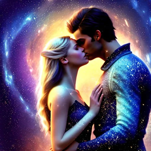 Prompt: Romantic digital painting of a brunette man and blonde woman, kissing under the twinkling galaxy, magical stars, high-quality, ethereal, dreamy, cosmic art, fantasy, celestial color palette, soft and enchanting lighting, detailed hair, tender moment, galaxy kiss, professional, romantic atmosphere, high quality, 8k