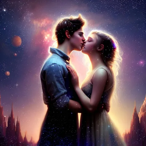 Prompt: Romantic digital painting of a brunette young man and blonde young woman, kissing, on top of the world, under the twinkling stars, magical, high-quality, in space, ethereal, galaxy, dreamy, cosmic art, fantasy, celestial color palette, soft and enchanting lighting, detailed hair, tender moment, professional, romantic atmosphere, high quality, 8k