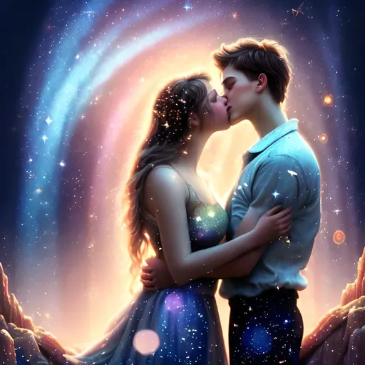 Prompt: Romantic digital painting of a brunette young man and blonde young woman, kissing, on top of the world, under the twinkling stars, magical, high-quality, in space, ethereal, galaxy, dreamy, cosmic art, fantasy, celestial color palette, soft and enchanting lighting, detailed hair, tender moment, professional, romantic atmosphere, high quality, 8k
