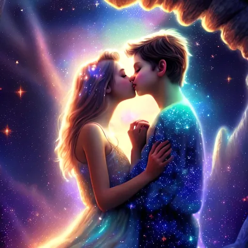 Prompt: Romantic digital painting of a brunette boy and blonde girl, kissing, under the twinkling galaxy, magical stars, high-quality, in space, ethereal, dreamy, cosmic art, fantasy, celestial color palette, soft and enchanting lighting, detailed hair, tender moment, professional, romantic atmosphere, high quality, 8k